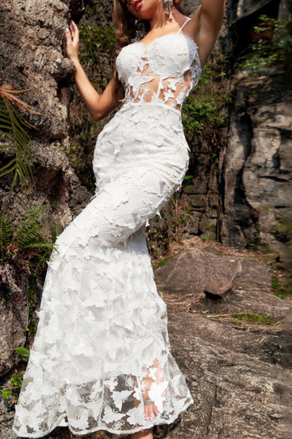 Vestidos largos sexis formales de color liso con patchwork transparente y espalda descubierta con tirantes finos