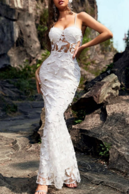 Vestidos largos sexis formales de color liso con patchwork transparente y espalda descubierta con tirantes finos