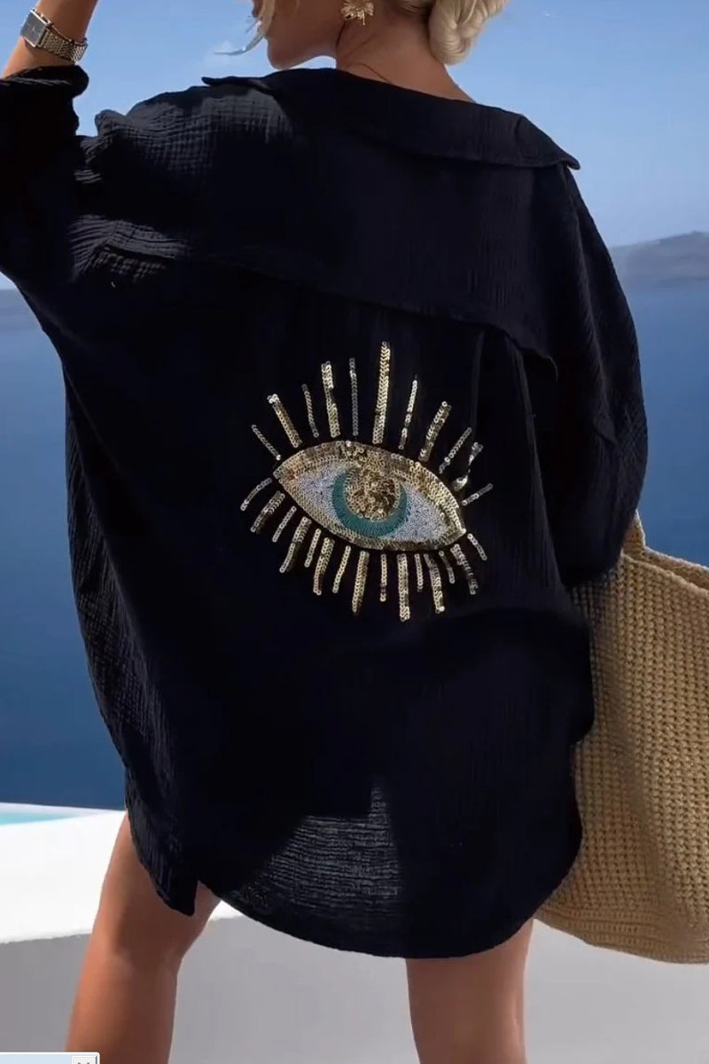 Tops casuales con cuello vuelto y patchwork con estampado de ojos