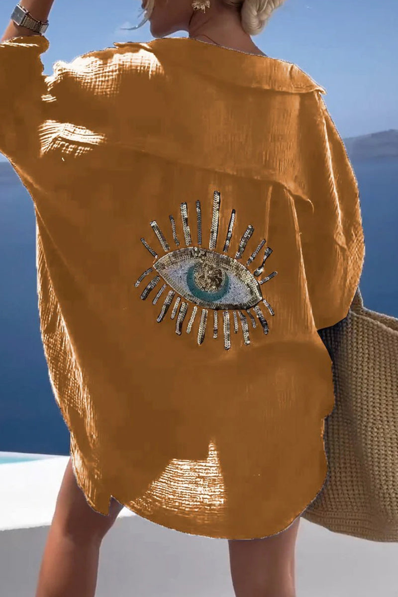 Tops casuales con cuello vuelto y patchwork con estampado de ojos