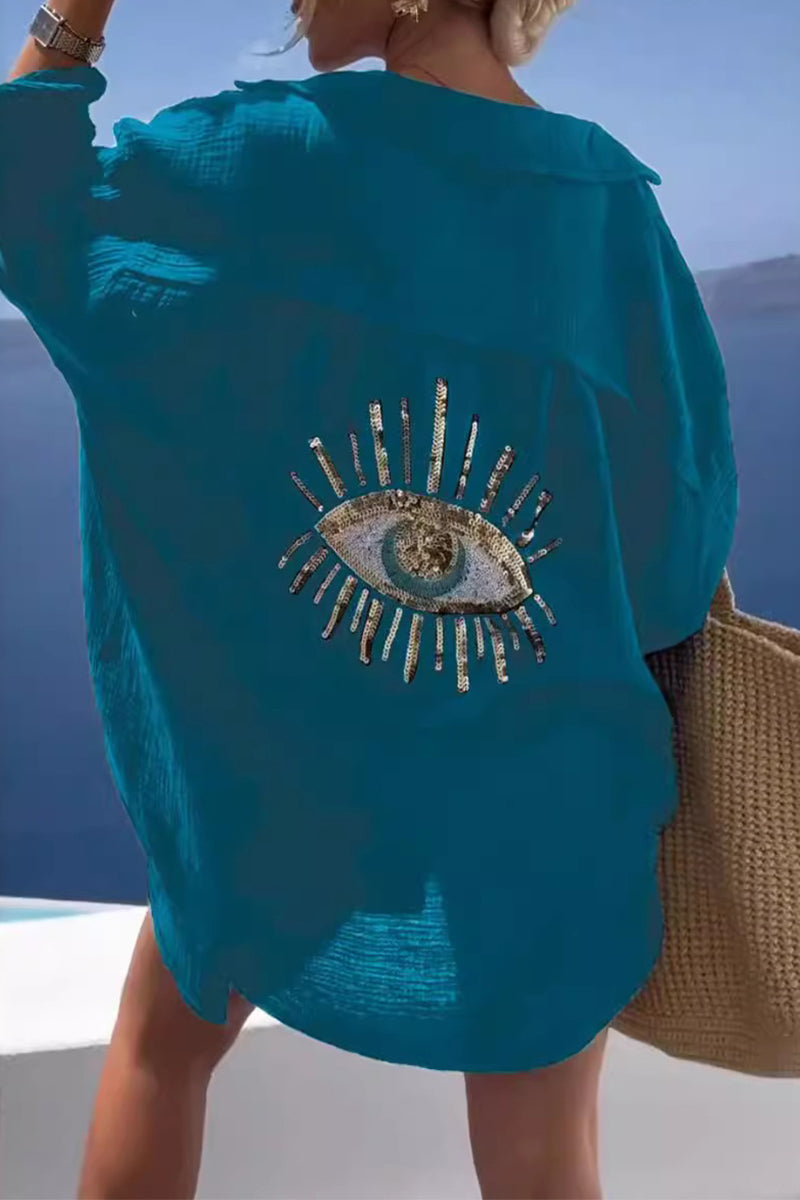 Tops casuales con cuello vuelto y patchwork con estampado de ojos