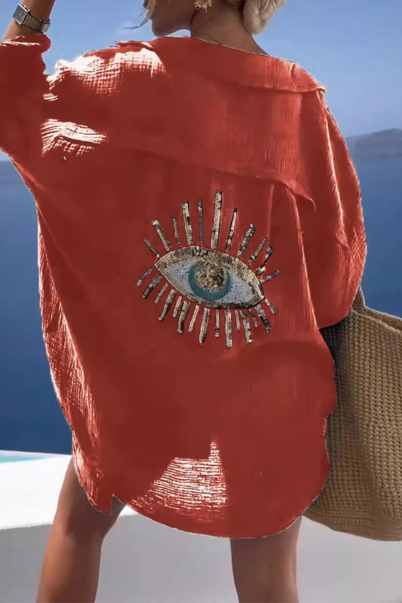 Tops casuales con cuello vuelto y patchwork con estampado de ojos