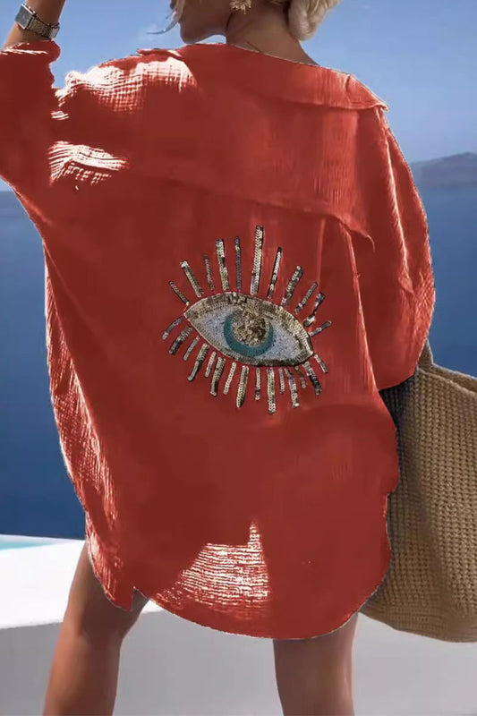 Tops casuales con cuello vuelto y patchwork con estampado de ojos