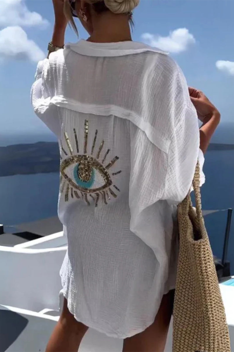 Tops casuales con cuello vuelto y patchwork con estampado de ojos