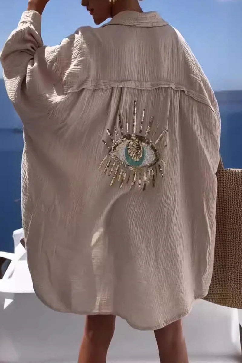 Tops casuales con cuello vuelto y patchwork con estampado de ojos