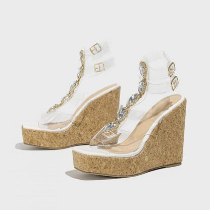 Zapatos de cuña informales con diseño de patchwork y diamantes de imitación cuadrados para exteriores (altura del tacón: 11,5 cm)