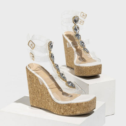 Zapatos de cuña informales con diseño de patchwork y diamantes de imitación cuadrados para exteriores (altura del tacón: 11,5 cm)