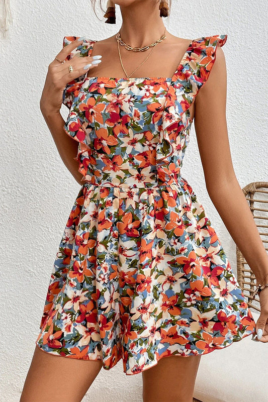 Mono holgado elegante con estampado floral, espalda descubierta, volantes y cuello cuadrado (4 colores)