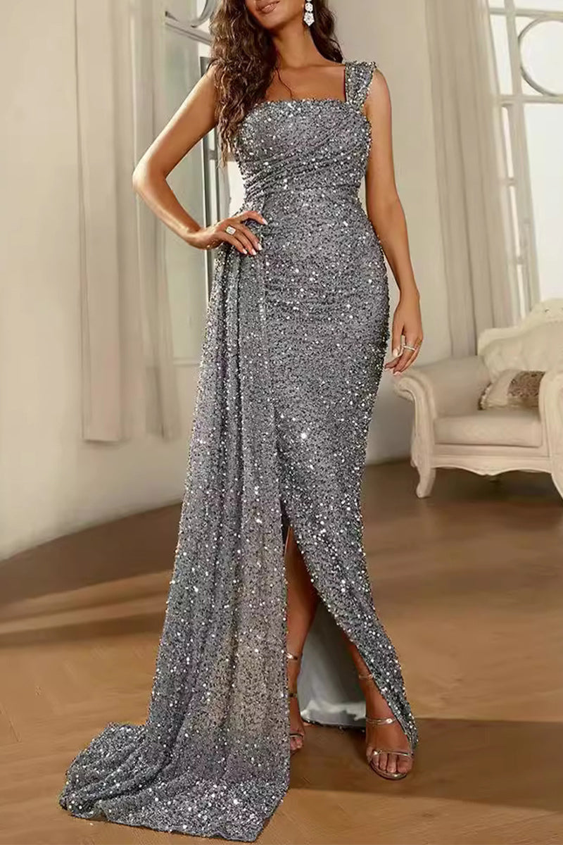 Vestidos de noche sexys formales con lentejuelas sólidas y cuello cuadrado con abertura
