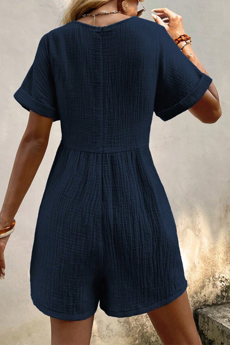 Mono holgado informal sencillo con cuello en V y bolsillos lisos (5 colores)