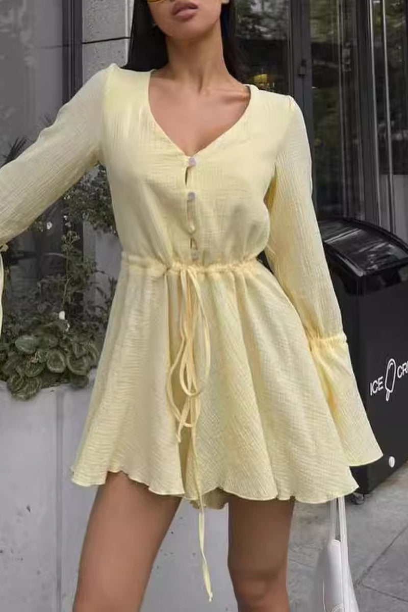 Mono elegante de color liso con cuello en V y frenillo con cordón ajustable