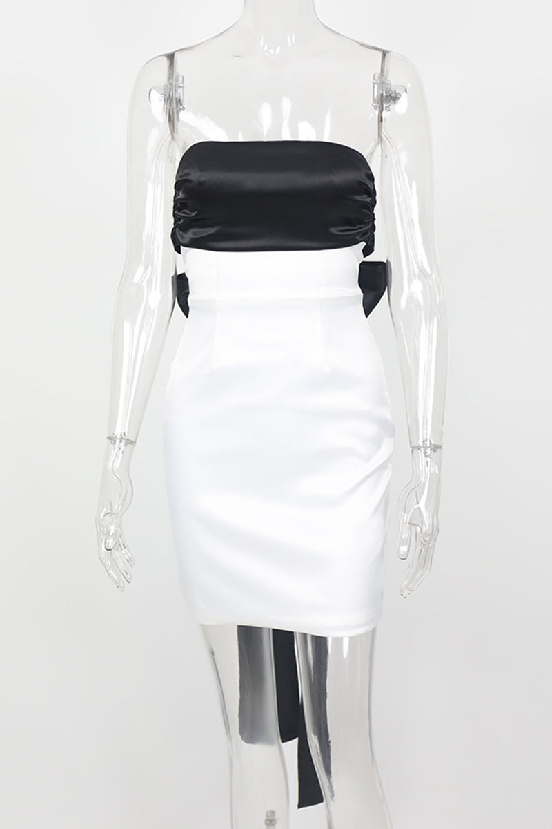 Vestidos sexys de falda cruzada sin tirantes, de color sólido y con lazo en contraste