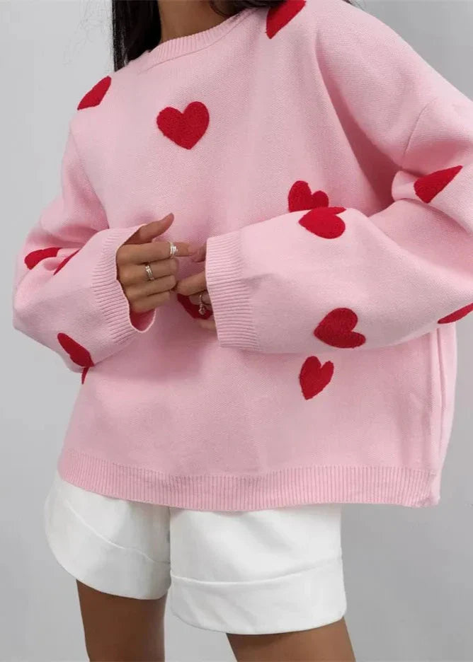 Love-EmbroideRed Heart Sweater - Cozy Women's Knitwear
