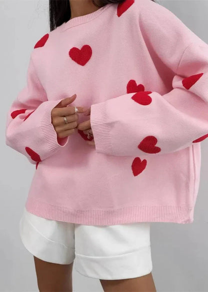 Love-EmbroideRed Heart Sweater - Cozy Women's Knitwear