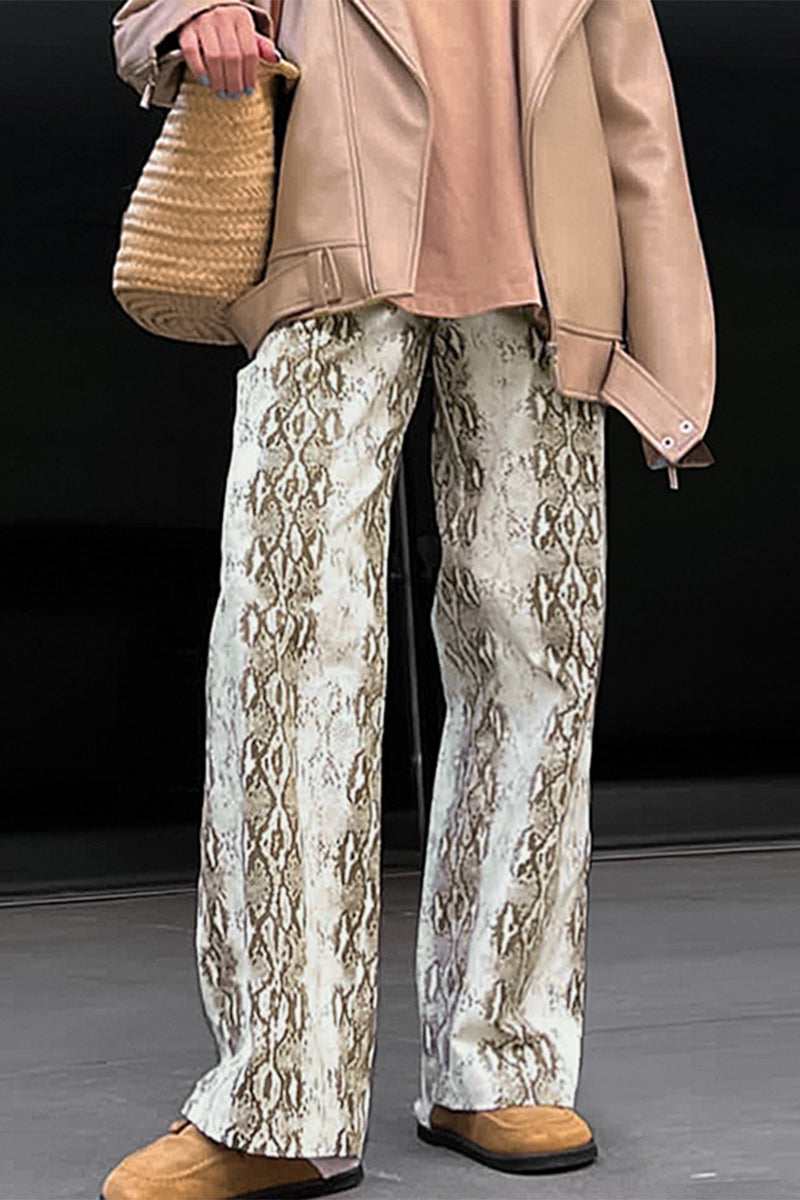 Pantalones casuales con estampado animal, contraste, sueltos, de cintura alta, rectos, con estampado completo