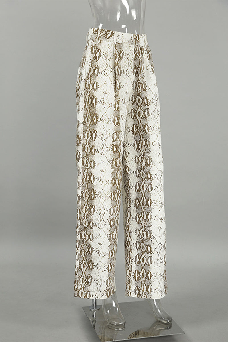 Pantalones casuales con estampado animal, contraste, sueltos, de cintura alta, rectos, con estampado completo