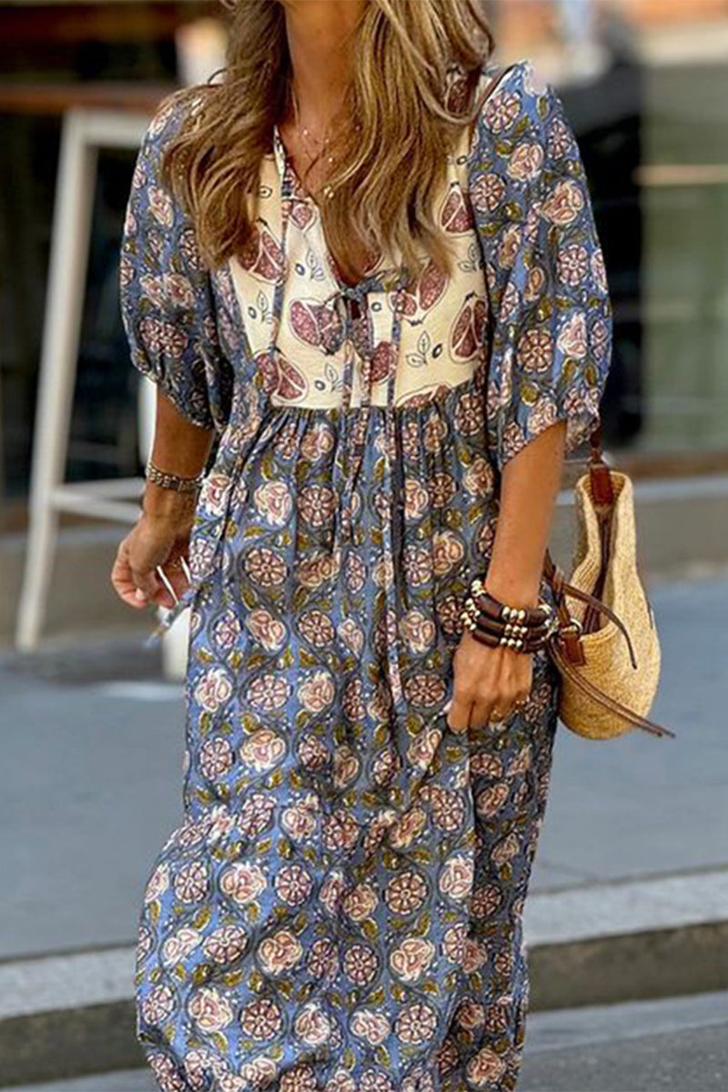 Vestidos de corte A con cuello vuelto, estampado bohemio, flores y patchwork, patrón tridimensional