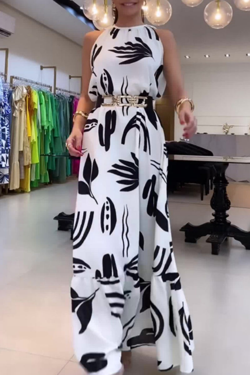 Vestidos largos casuales con estampado floral, cordones y cinturón, cuello redondo