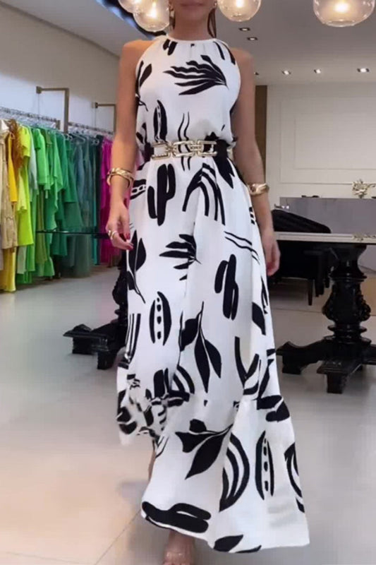 Vestidos largos casuales con estampado floral, cordones y cinturón, cuello redondo