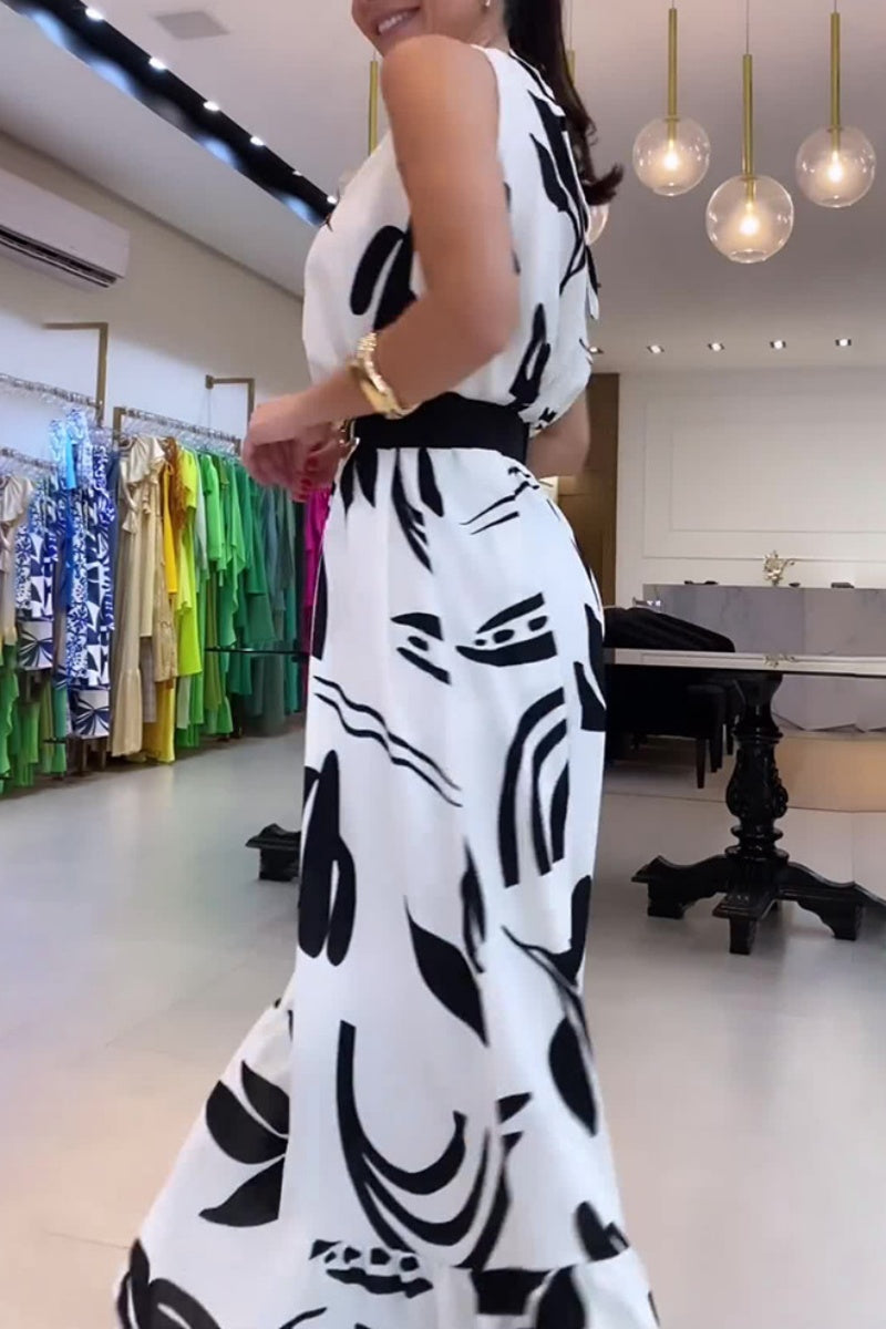 Vestidos largos casuales con estampado floral, cordones y cinturón, cuello redondo