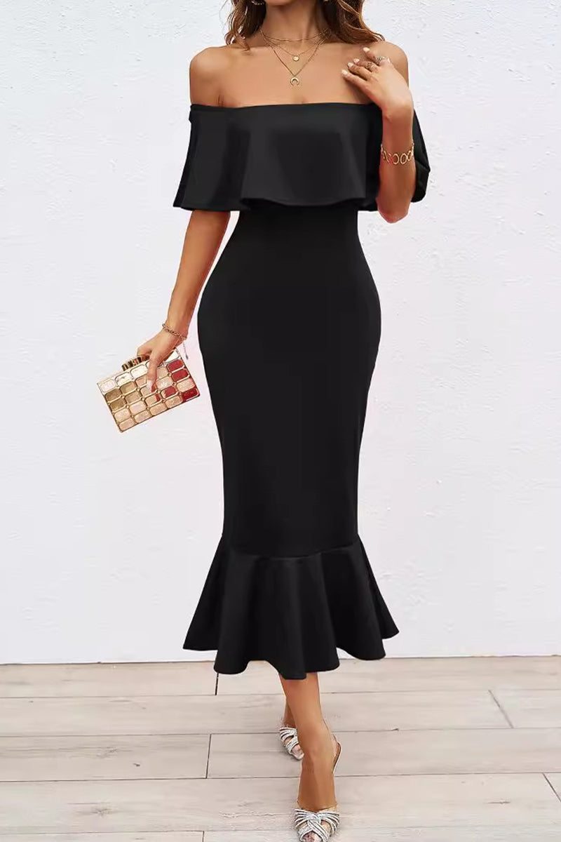 Vestidos de fiesta sexys de cola de pez con hombros descubiertos y volantes de color liso