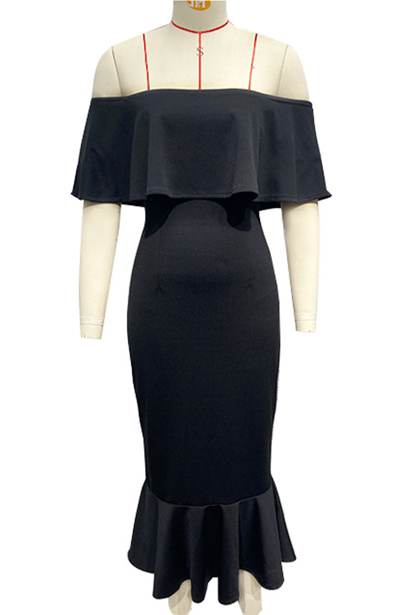 Vestidos de fiesta sexys de cola de pez con hombros descubiertos y volantes de color liso