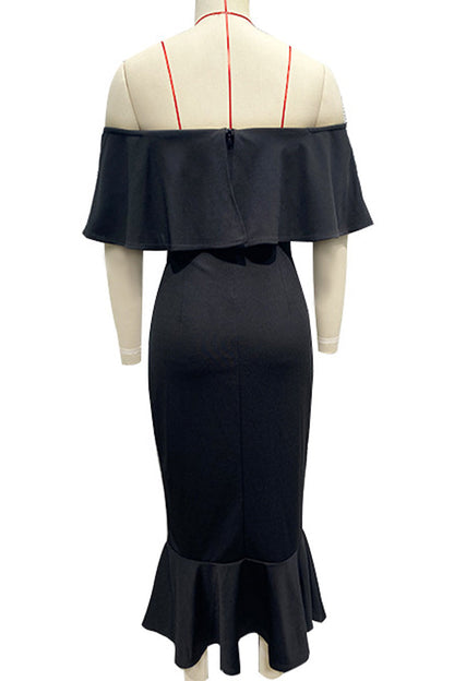 Vestidos de fiesta sexys de cola de pez con hombros descubiertos y volantes de color liso