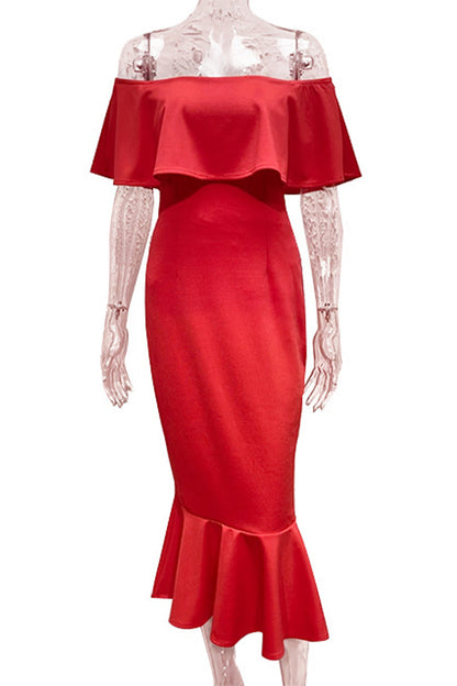 Vestidos de fiesta sexys de cola de pez con hombros descubiertos y volantes de color liso