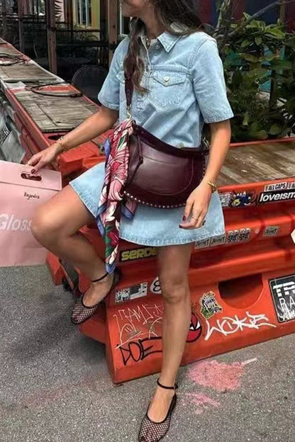 Vestidos casuales de mezclilla sueltos de manga corta con cuello vuelto y botones de color sólido para uso diario