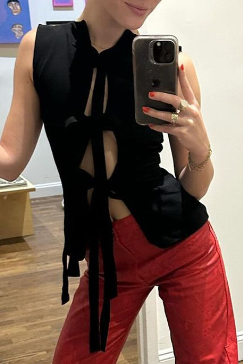 Tops sexys de color sólido con cordones y cuello en V