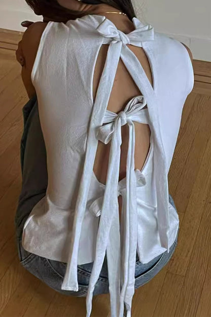 Tops sexys de color sólido con cordones y cuello en V