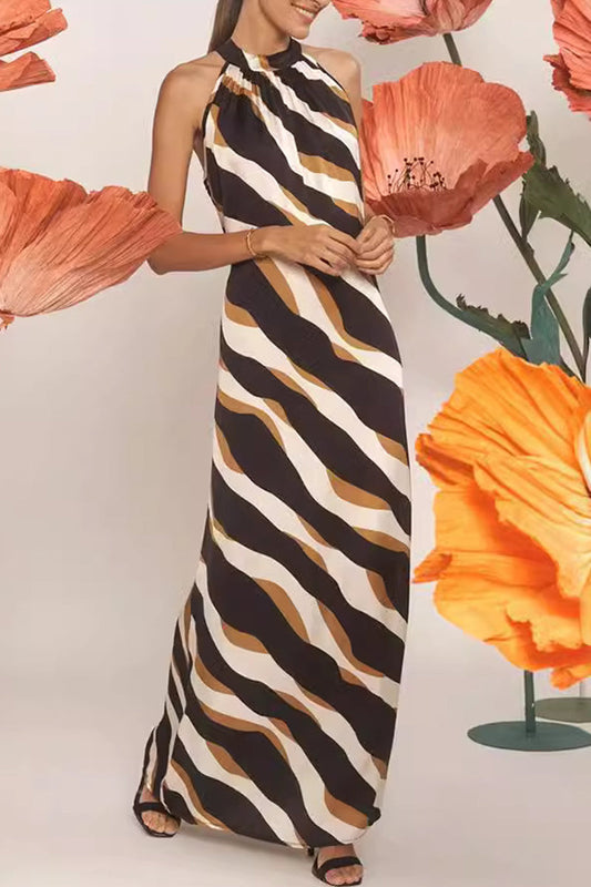 Vestidos casuales de diario con estampado de rayas, encaje, contraste, cuello halter, falda de un solo paso