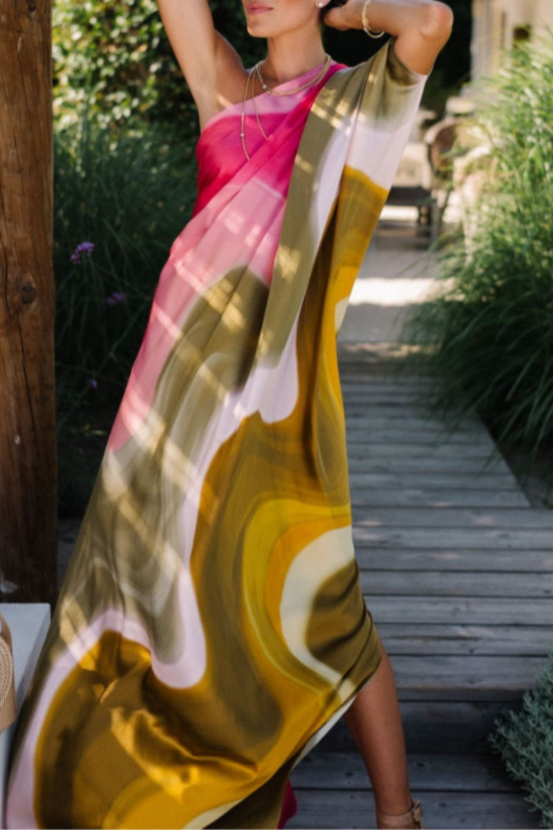 Vestidos largos casuales con cuello oblicuo, espalda descubierta y estampado