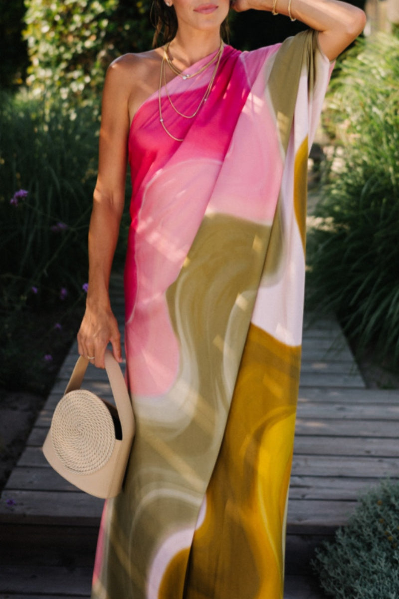 Vestidos largos casuales con cuello oblicuo, espalda descubierta y estampado