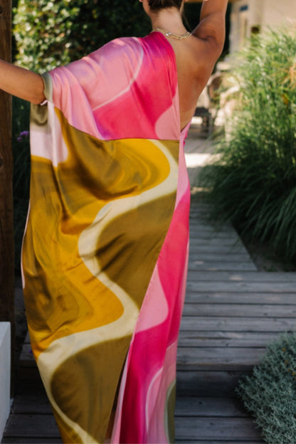 Vestidos largos casuales con cuello oblicuo, espalda descubierta y estampado