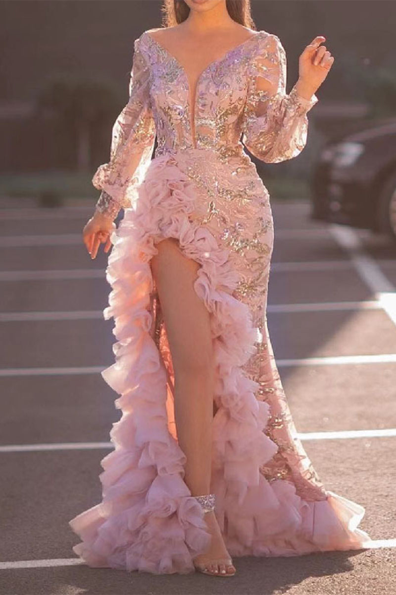 Vestidos de noche sexys con escote en V y lentejuelas de color sólido con volantes