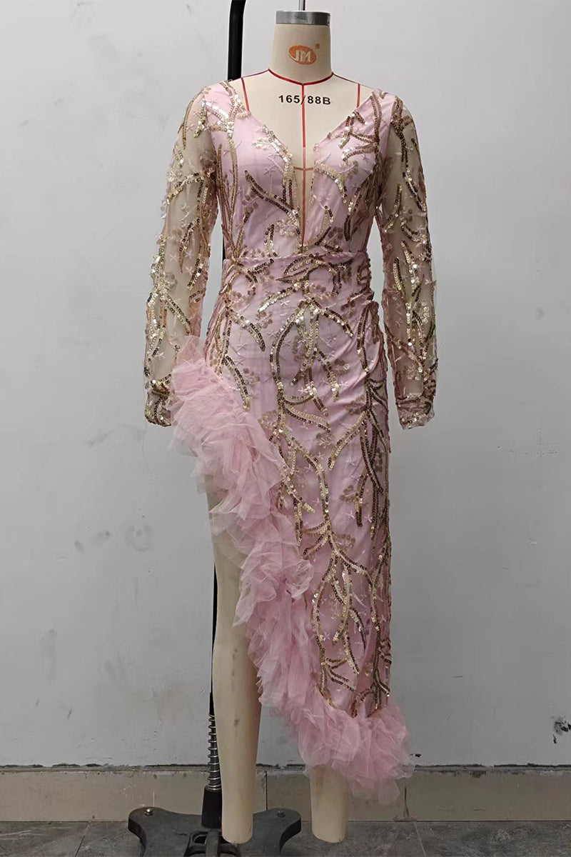 Vestidos de noche sexys con escote en V y lentejuelas de color sólido con volantes