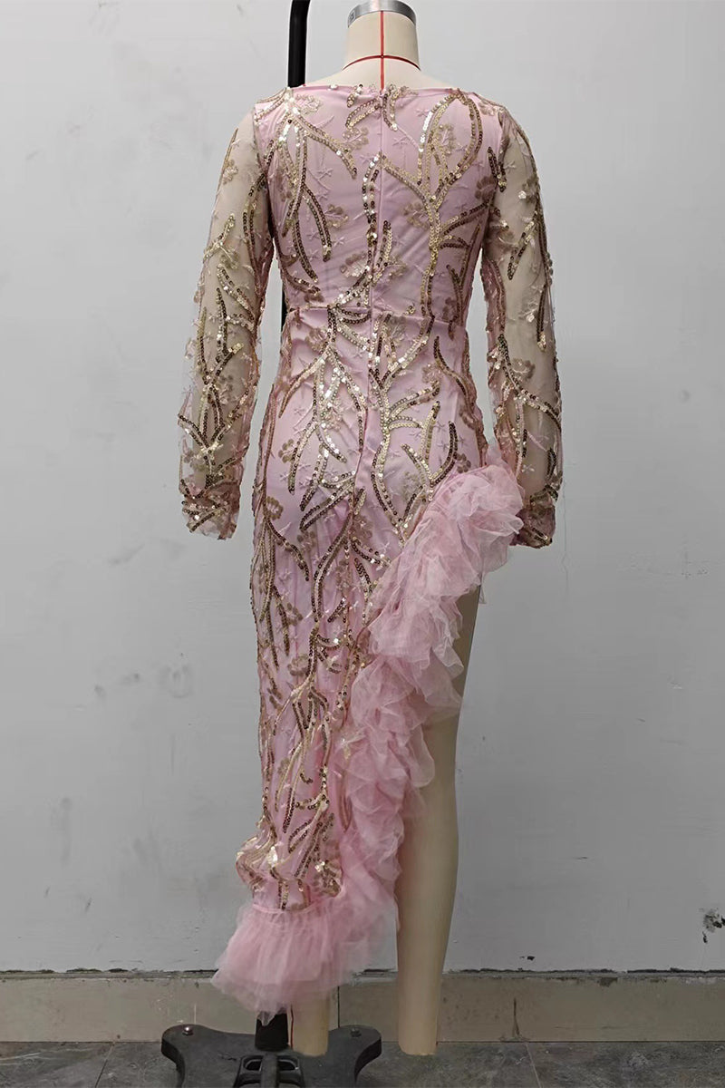 Vestidos de noche sexys con escote en V y lentejuelas de color sólido con volantes