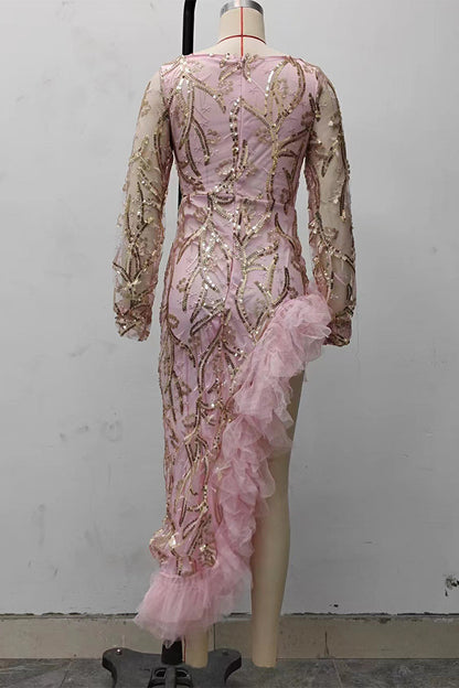 Vestidos de noche sexys con escote en V y lentejuelas de color sólido con volantes