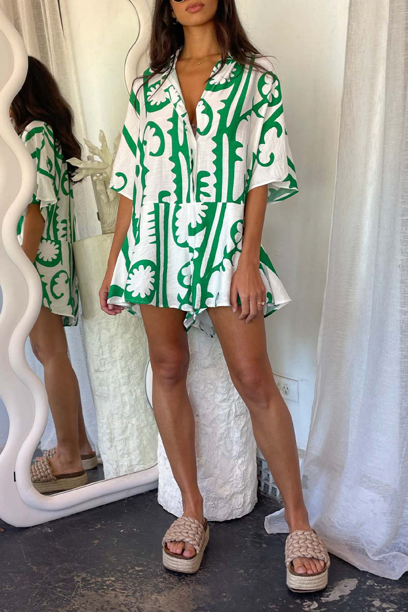 Casual Daily Geometric Print Patchwork Turndown Collar Loose Rompers(4 Colors)