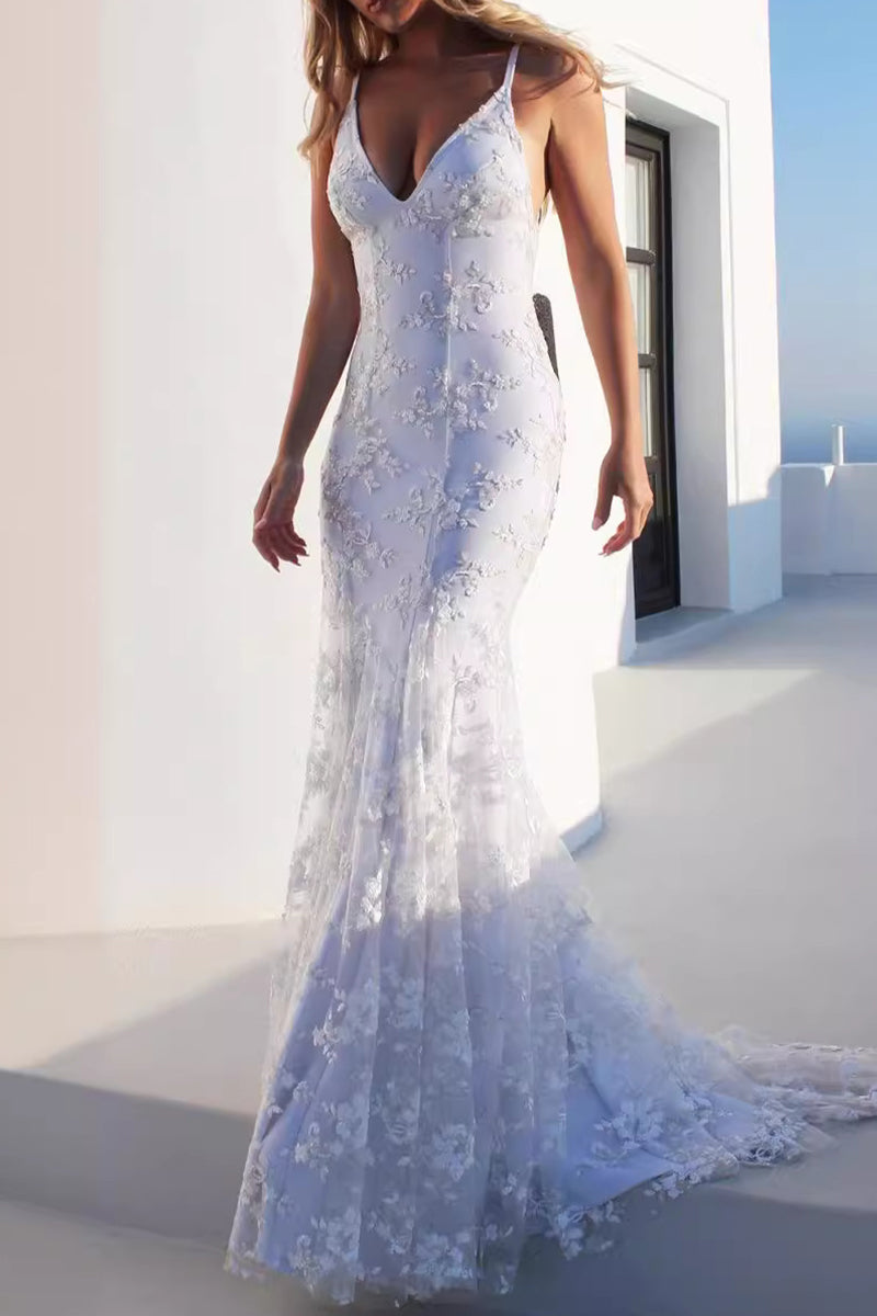 Vestidos de noche sexys de encaje de color sólido sin espalda y cuello en V (3 colores)