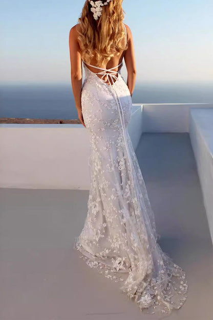 Vestidos de noche sexys de encaje de color sólido sin espalda y cuello en V (3 colores)