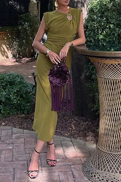 Vestidos casuales de diario con falda de un solo paso, de color sólido, con fruncido y cuello redondo