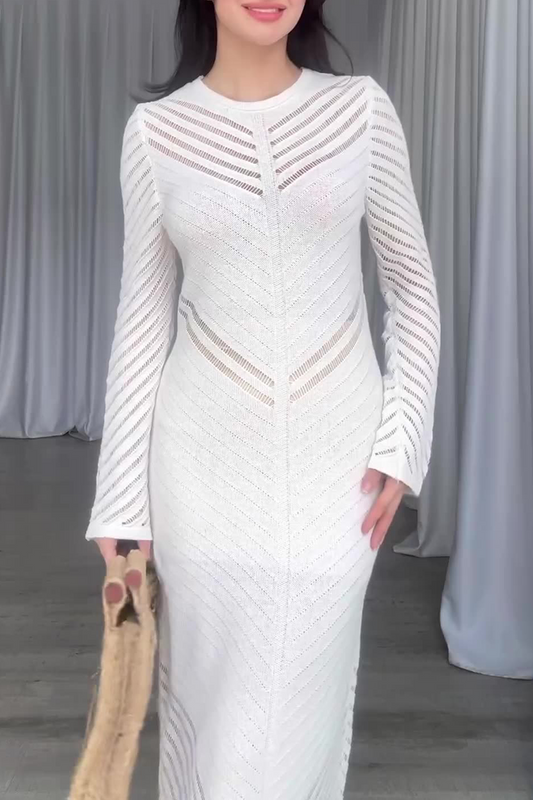 Vestidos casuales de diario con falda cruzada de cuello redondo con orillo de fibra y calado de color sólido