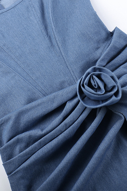 Vestido vaquero regular sin mangas con cuello en U, flores fruncidas y sexy de color sólido