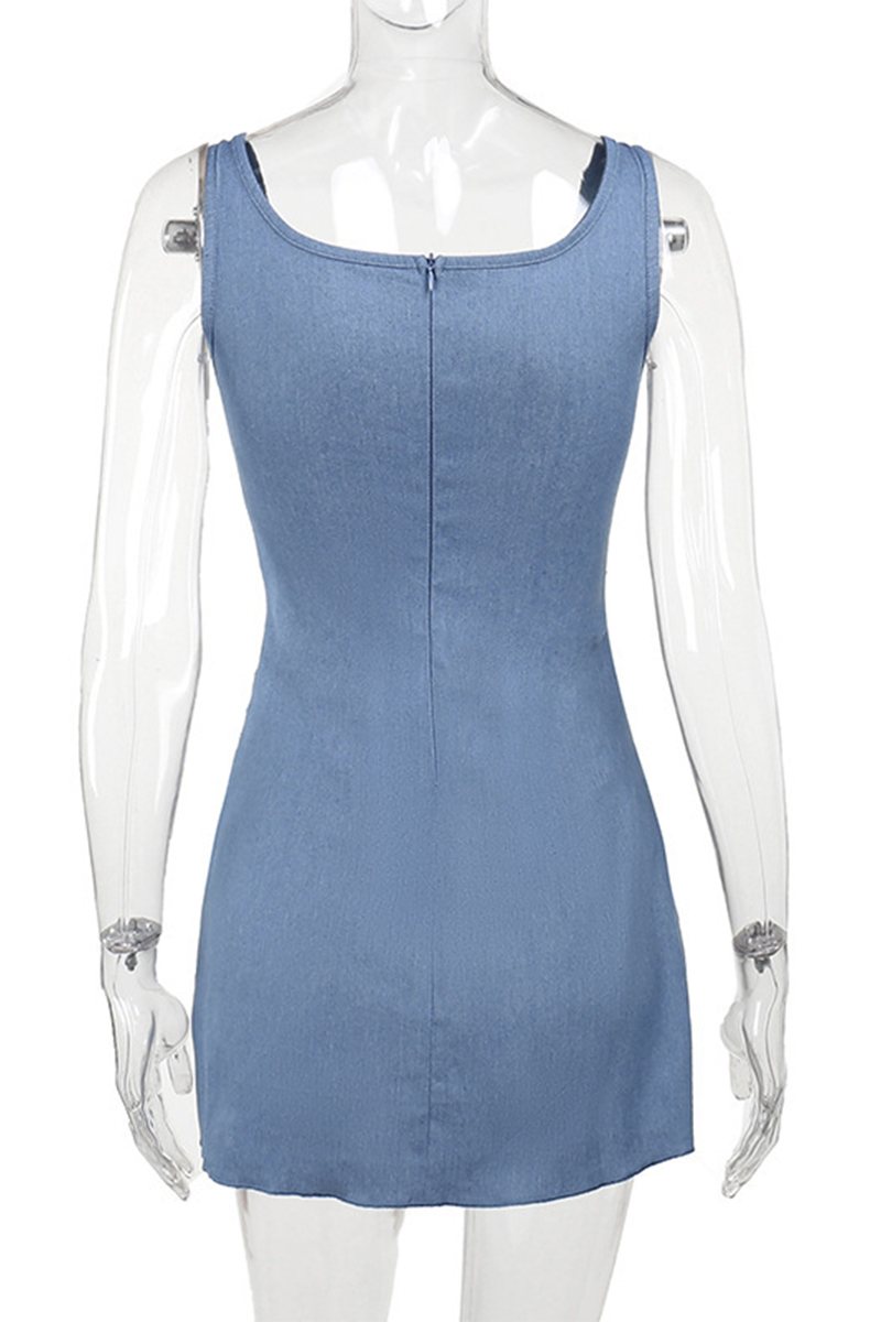 Vestido vaquero regular sin mangas con cuello en U, flores fruncidas y sexy de color sólido