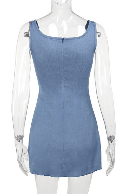 Vestido vaquero regular sin mangas con cuello en U, flores fruncidas y sexy de color sólido