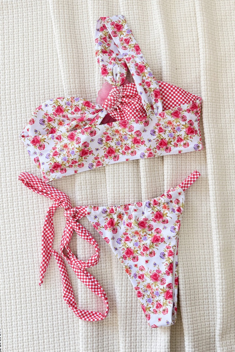 Sexy Floral Print Flowers Patchwork Backless Belted Swimwears (With Paddings)