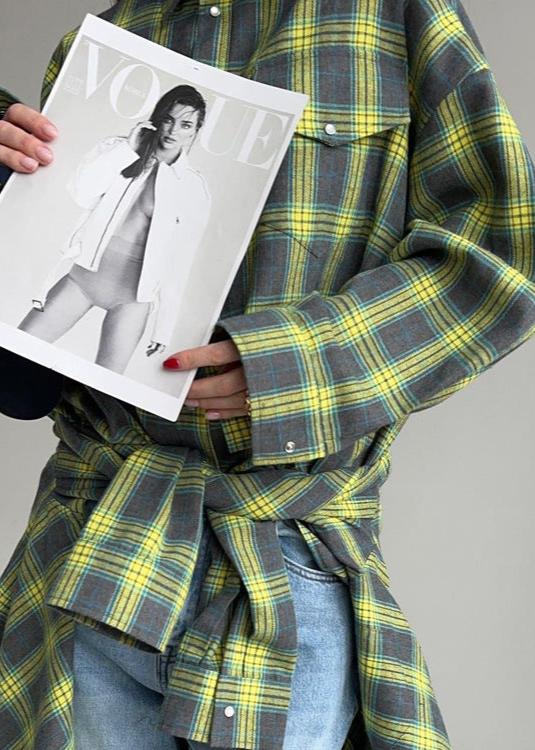 Retro Plaid Loose Shirt - Lapels, Long Sleeve with Pocket