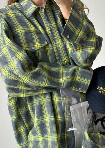 Retro Plaid Loose Shirt - Lapels, Long Sleeve with Pocket